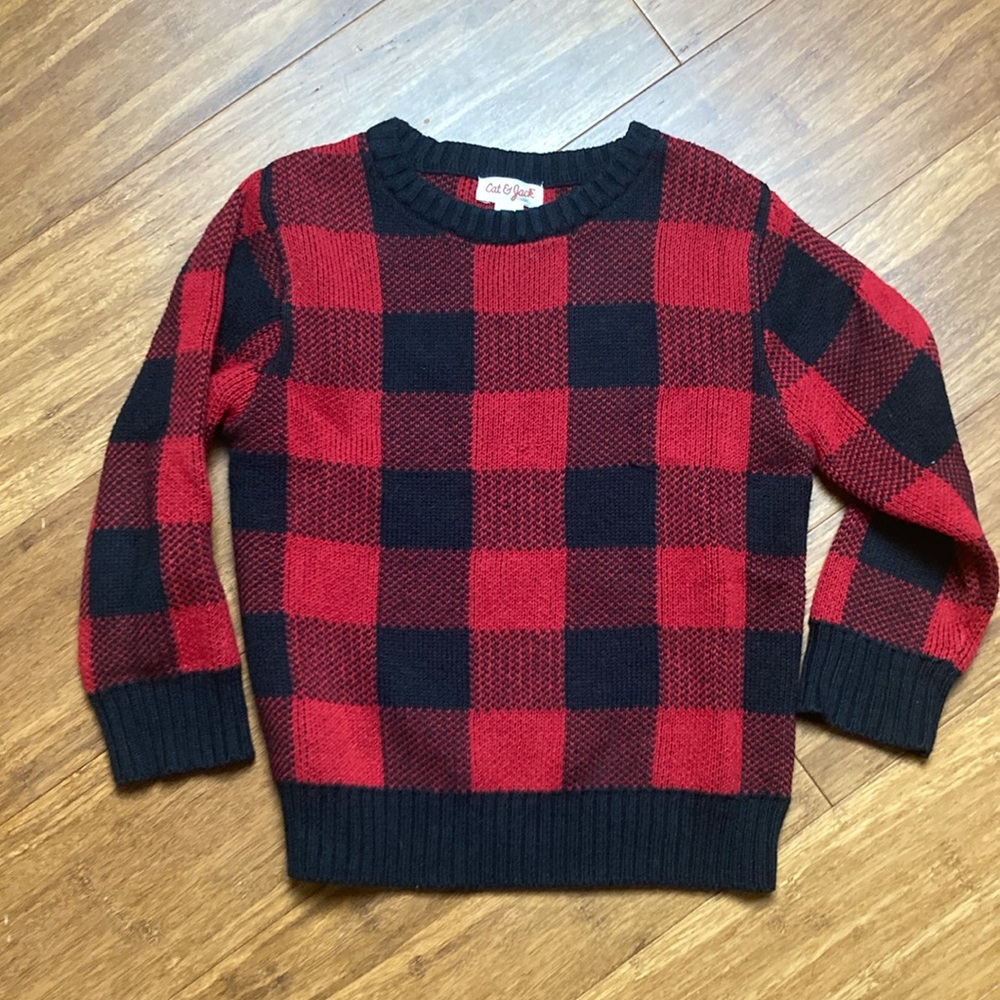 Cat & Jack Red & Black Buffalo Plaid Christmas Holiday Sweater 3T